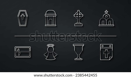 Set line Coffin with cross, Beat dead monitor, Church building, Christian chalice, Angel, Old crypt, Calendar death and Grave icon. Vector