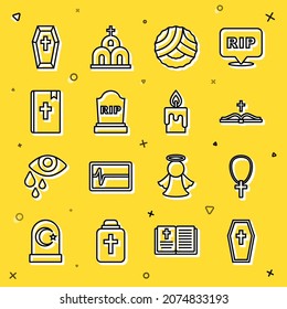 Set line Coffin with cross, Christian on chain, Holy bible book, Memorial wreath, Tombstone RIP written,  and Burning candle icon. Vector