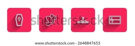 Set line Coffin with cross, Dove, Holy bible book and Beat dead monitor with long shadow. Red square button. Vector
