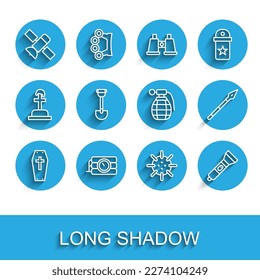 Set line Coffin with cross, Dynamite and timer clock, Satellite, Naval mine, Flashlight, Sapper shovel, Medieval spear and Hand grenade icon. Vector