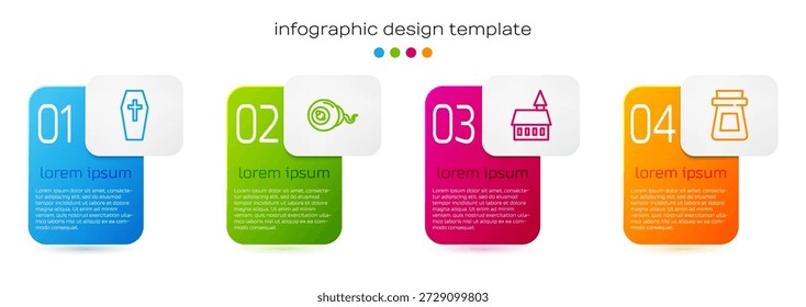 Definir linha Coffin com cruz, olho, castelo e poção de garrafa. Modelo de infográfico comercial. Vetor