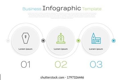 Set line Coffin with cross, Grave tombstone and Church building. Business infographic template. Vector