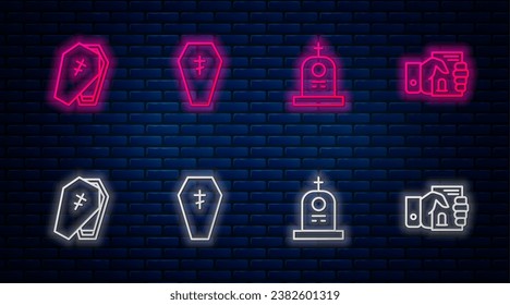 Set line Coffin with cross, Grave tombstone,  and Death certificate hand. Glowing neon icon on brick wall. Vector