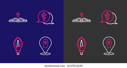 Set line Coffin with cross, Lily flower, Grave and Holy bible book icon. Vector