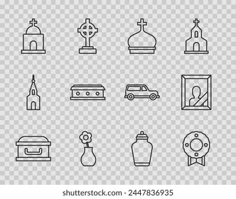 Set line Coffin with cross, Memorial wreath, Church tower, Flower vase, Old crypt, Funeral urn and Mourning photo frame icon. Vector