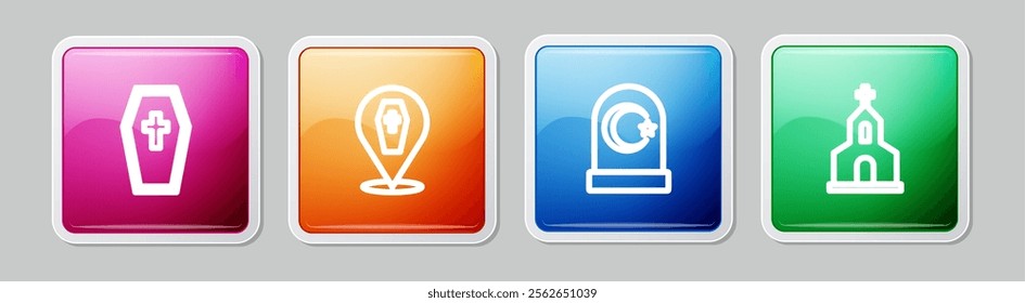 Set line Coffin with cross, , Muslim cemetery and Church building. Colorful square button. Vector