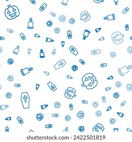 Set line Coffin with cross, Pumpkin and Burning candle on seamless pattern. Vector