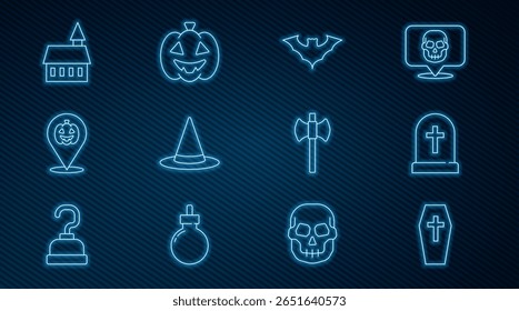 Set linha Coffin com cruz, lápide, morcego voador, chapéu bruxa, abóbora, castelo, machado de madeira e ícone. Vetor