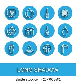 Set line Coffin with cross, Witch hat, Skull, Hockey mask, Scythe, Castle, Bomb ready to explode and Witches broom icon. Vector