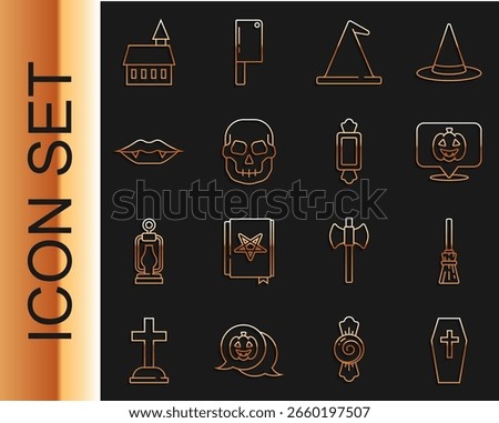 Set line Coffin with cross, Witches broom, Pumpkin, hat, Skull, Vampire teeth, Castle and Candy icon. Vector
