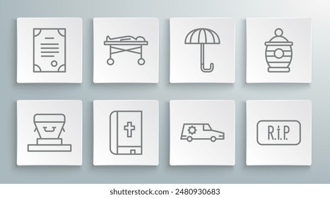 Set line Coffin, Dead body the morgue, Holy bible book, Hearse car, Speech bubble rip death, Umbrella, Funeral urn and Death certificate icon. Vector