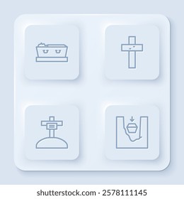 Set line Coffin with dead, Christian cross, Grave and grave. White square button. Vector