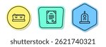 Set line Coffin with dead, Death certificate and Grave tombstone. Colored shapes. Vector