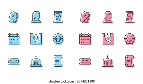 Set line Coffin with dead, Old crypt, cross, Decree, parchment, scroll, grave, Memorial wreath, Calendar death and tombstone icon. Vector