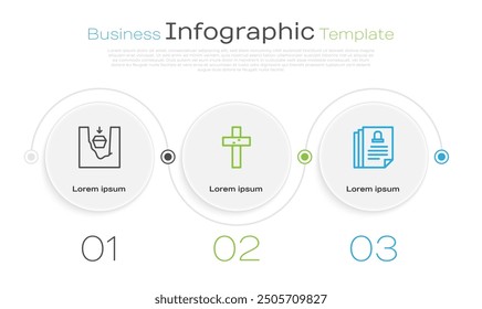 Set line Coffin in grave, Christian cross and Death certificate. Business infographic template. Vector