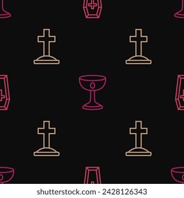 Set line Coffin, Grave with cross and Christian chalice on seamless pattern. Vector