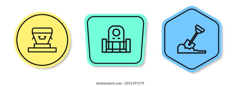 Fije la línea Ataúd, Tumba con lápida y Pala en el suelo. Formas de colores. Vector