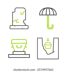 Set line Coffin in grave, Umbrella and Old with tombstone icon. Vector