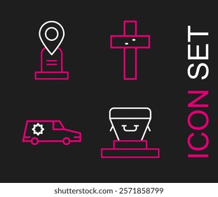 Set line Coffin, Hearse car, Christian cross and Location grave icon. Vector