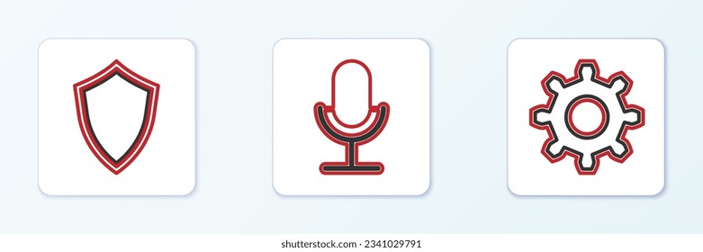 Set line Cogwheel gear settings, Shield and Microphone icon. Vector