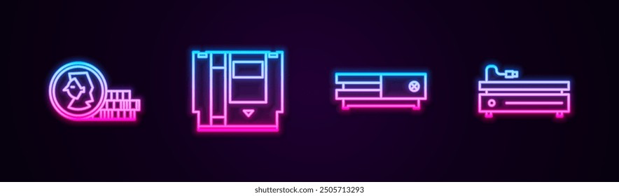 Set line Coin for game, Cartridge, Video console and . Glowing neon icon. Vector