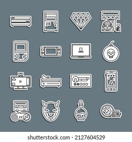 Fijar la moneda de línea para el juego, móvil y en juego, Bomba lista para explotar, Diamante, videoconsola portátil, Vídeo y icono de portátil. Vector