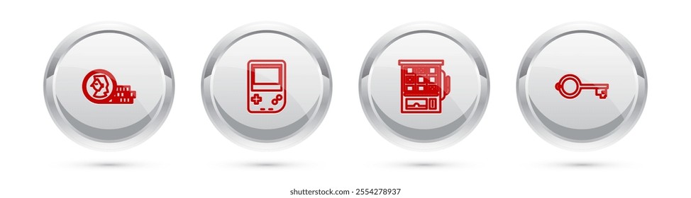 Set line Coin for game, Portable video console, Slot machine and Ancient key. Silver circle button. Vector