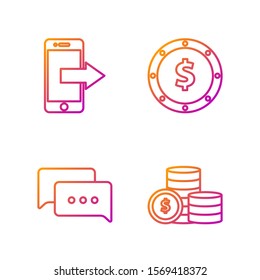 Set line Coin money with dollar symbol, Speech bubble chat, Smartphone, mobile phone and Coin money with dollar symbol. Gradient color icons. Vector