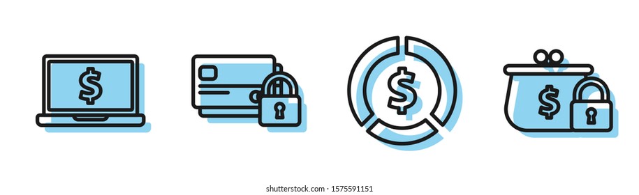 Set line Coin money with dollar symbol, Laptop with dollar symbol, Credit card with lock and Closed wallet with lock icon. Vector