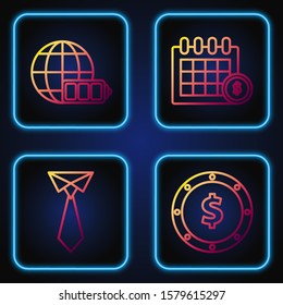 Set line Coin money with dollar symbol, Tie, Battery charge level indicator with earth globe and Financial calendar. Gradient color icons. Vector