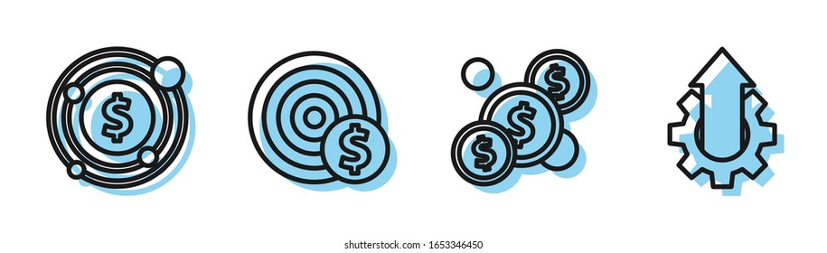 Set line Coin money with dollar, Target with dollar symbol, Target with dollar symbol and Arrow growth gear business icon. Vector