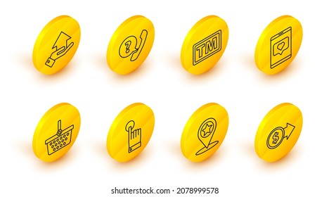 Set line Coin money with dollar symbol, Map pointer star, Hand touch and tap gesture, Shopping basket, Mobile phone like heart, Trademark, Telephone handset speech bubble chat and Money icon. Vector