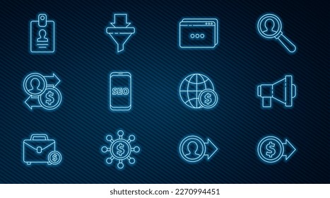 Set line Coin money with dollar, Megaphone, Website template, Mobile SEO optimization, Job promotion exchange, Identification badge, Earth globe and Sales funnel arrows icon. Vector