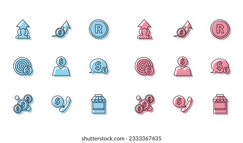 Set line Coin money with dollar, Growth chart progress people crowd, Shopping building or market store, Business man planning mind, Speech, Target symbol and Financial growth coin icon. Vector