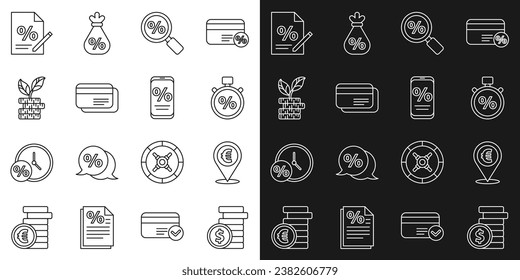 Set line Coin money with dollar, Cash location, Stopwatch and percent, Magnifying glass, Credit card, Dollar plant, Finance document and Percent discount mobile icon. Vector