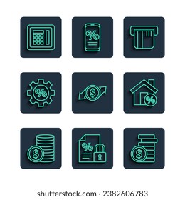 Set line Coin money with dollar, Finance document and lock, Credit card, Financial growth, Gear percent, Safe and House percant discount icon. Vector