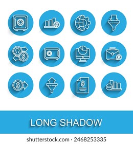 Set line Coin money with dollar, Sales funnel arrows, Safe, Contract, Pie chart infographic, Briefcase and and Computer monitor icon. Vector