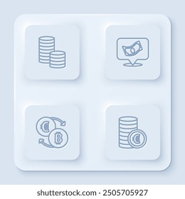 Set line Coin money with dollar, Stacks paper cash, Cryptocurrency exchange and euro symbol. White square button. Vector