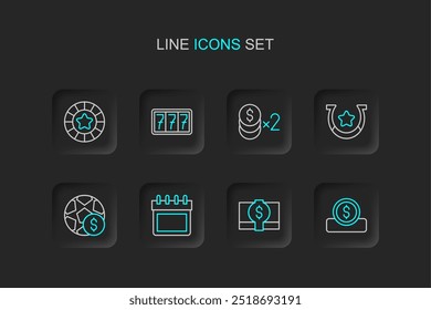 Set line Coin money with dollar, Stacks paper cash, Calendar, Football betting, Horseshoe, Casino chip, Slot machine jackpot and chips icon. Vector