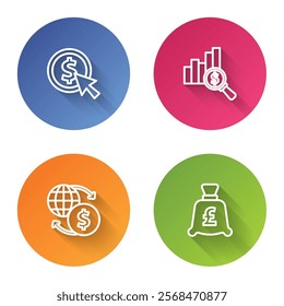 Set line Coin money with dollar, Pie chart and, Money exchange and pound. Color circle button. Vector