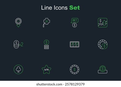 Set line Coin money with dollar, Casino chip, win, Playing card clubs symbol, chips, Slot machine jackpot,  and  icon. Vector