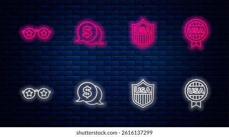 Set line Coin money with dollar, Shield stars, Glasses and Medal. Glowing neon icon on brick wall. Vector