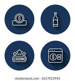 Set line Coin money with dollar, Bottle of wine, Casino signboard and Online poker table game with long shadow. Blue circle button. Vector