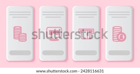 Set line Coin money with dollar, IPO, Credit card inserted and pound. White rectangle button. Vector