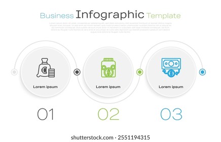 Moneda de la línea del sistema con el símbolo del euro, la moneda de cristal del tarro y el efectivo de papel de las pilas. Plantilla de infografía de negocios. Vector