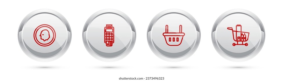 Set line Coin money, POS terminal with credit card, Shopping basket and cart and food. Silver circle button. Vector