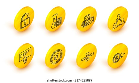 Set line Coin money with pound symbol, Yen, Certificate template, Project team base, Cryptocurrency coin Bitcoin, Calculator bag and Lock icon. Vector