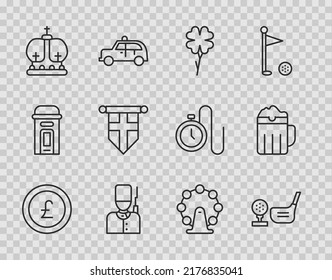 Set line Coin money with pound, Golf club ball tee, Four leaf clover, British soldier, crown, England flag pennant, London eye and Wooden beer mug icon. Vector