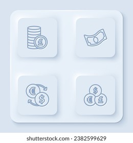 Set line Coin money with pound, Stacks paper cash, Money exchange and Currency. White square button. Vector