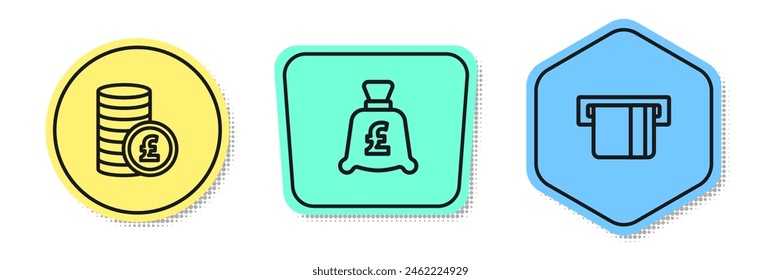 Set line Coin money with pound,  and Credit card inserted. Colored shapes. Vector